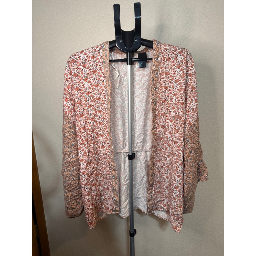 Sim & Sam Floral Kimono Cardigan Orange Tan Boho Open Front Top L XL